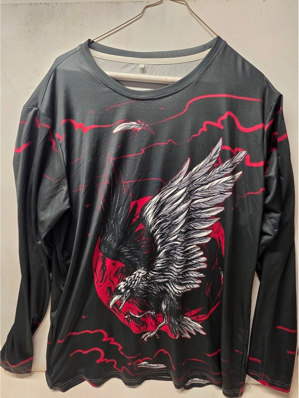 Men's Large Black Gothic Raven Crow Red Moon Graphic Long Sleeve Shirt L